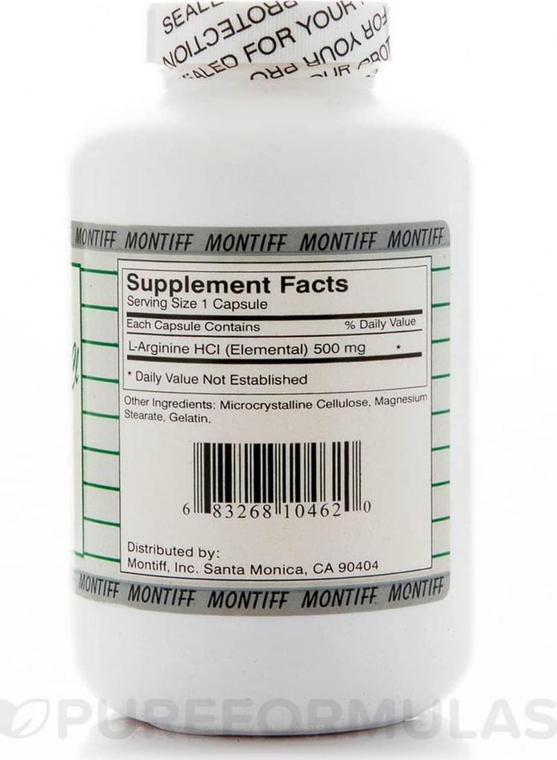 Pure L-Arginine HCL 500 mg - 250 Capsules by Montiff