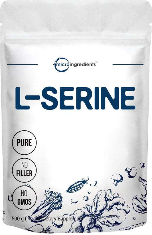 Pure L Serine Powder, 500 Grams (250 Day Supply), Filler Free, Supports Production of L-Cystine and L-Tryptophan for Brain Health, Water Soluble, No GMOs, No Gluten