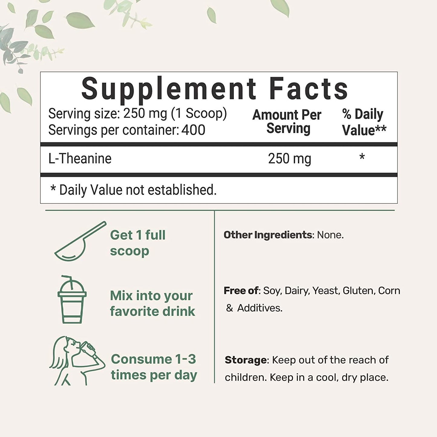 Pure L-Theanine Powder, 100 Grams, Supports Stress, Anxiety Relief and Promotes Mood Balancing and Sleep, No GMOs and No Gluten.