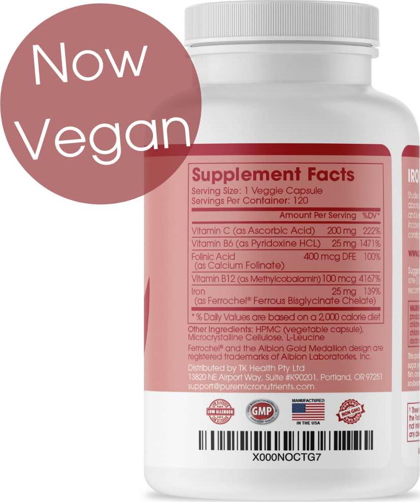 Pure Micronutrients Iron Plus Supplement, Natural Ferrous Chelate, Bisglycinate 25mg + Vitamin C, B6, B12, Folic Acid, 120 Count