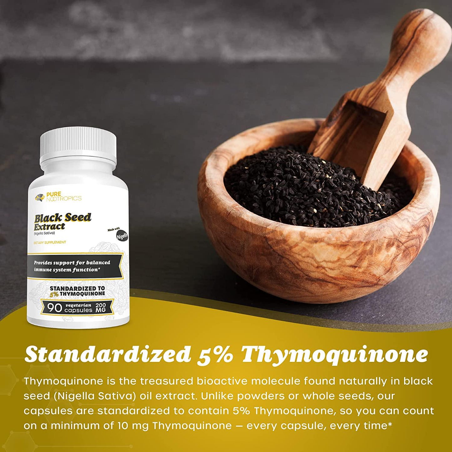 Pure Nootropics - Black Seed Oil Extract (Nigella Sativa) 200mg Capsules | 90 Veg Caps | Made with Nigellin - Standardized to 5% Thymoquinone | Immune System Support, Healthy Cardiovascular System