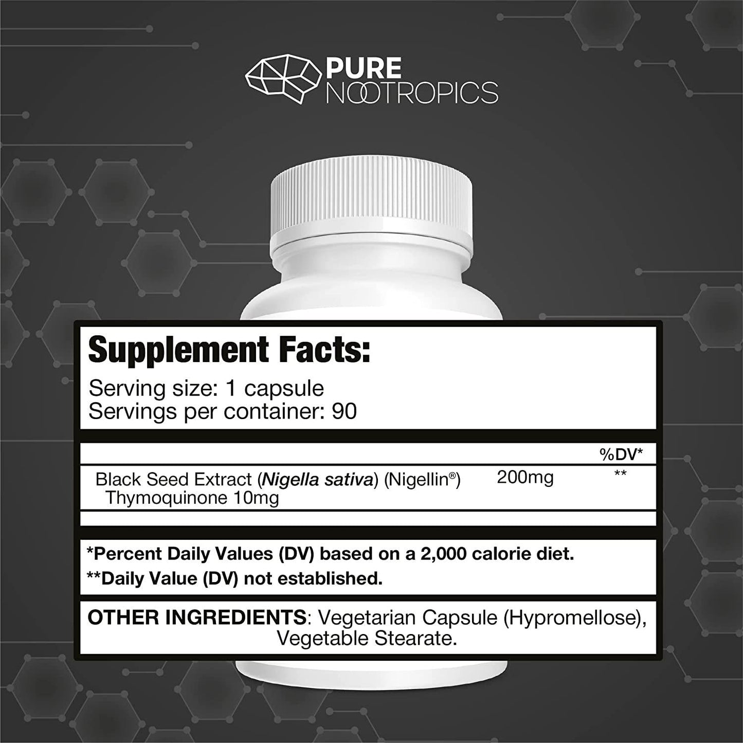 Pure Nootropics - Black Seed Oil Extract (Nigella Sativa) 200mg Capsules | 90 Veg Caps | Made with Nigellin - Standardized to 5% Thymoquinone | Immune System Support, Healthy Cardiovascular System