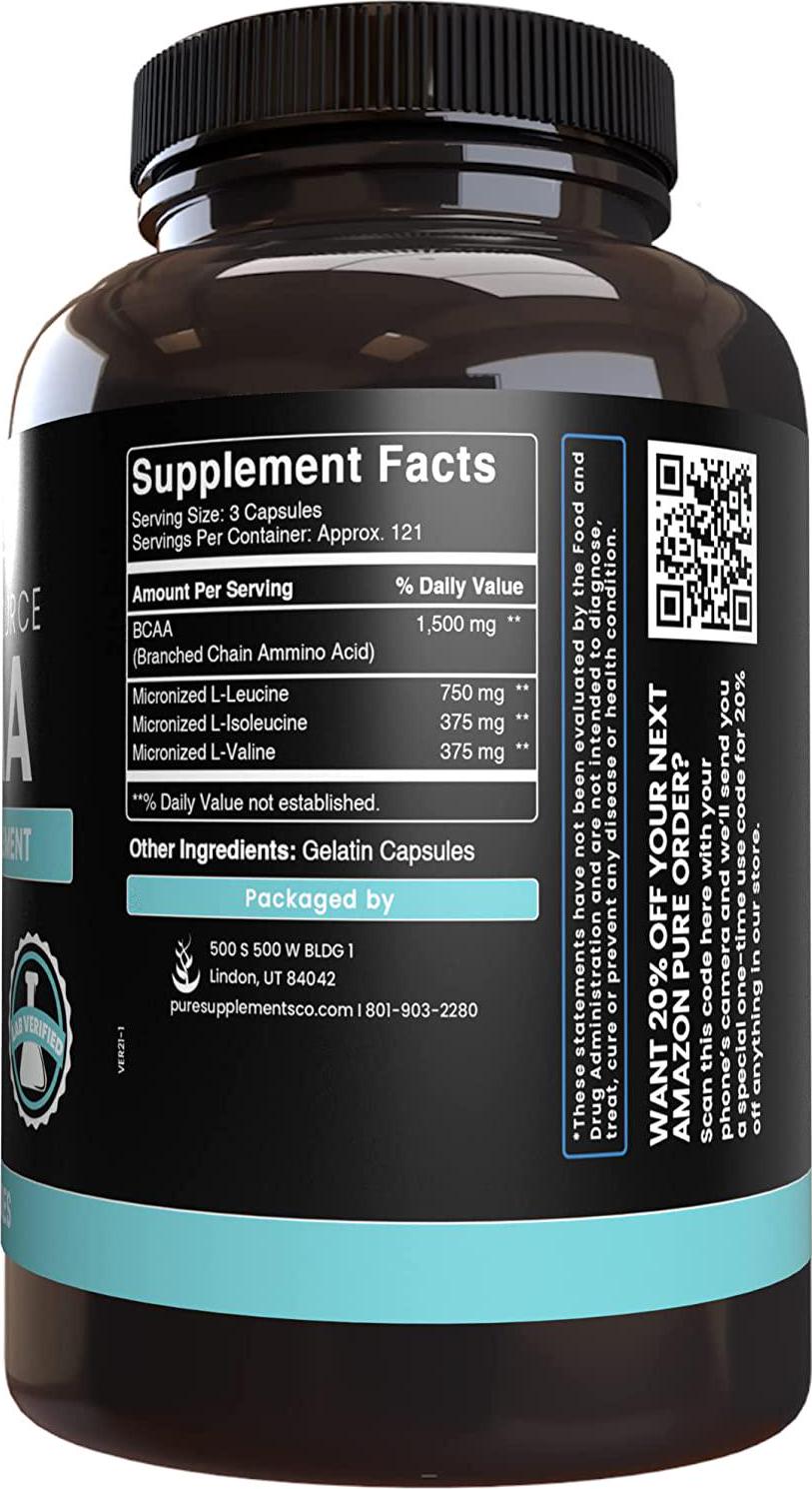 Pure Original Ingredients BCAA (365 Capsules) No Magnesium Or Rice Fillers, Always Pure, Lab Verified