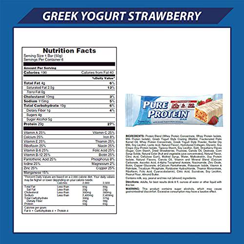 Pure Protein Bars, High Protein, Nutritious Snacks to Support Energy, Low Sugar, Gluten Free, Strawberry Greek Yogurt, 1.76oz, 6 ct, 1ea