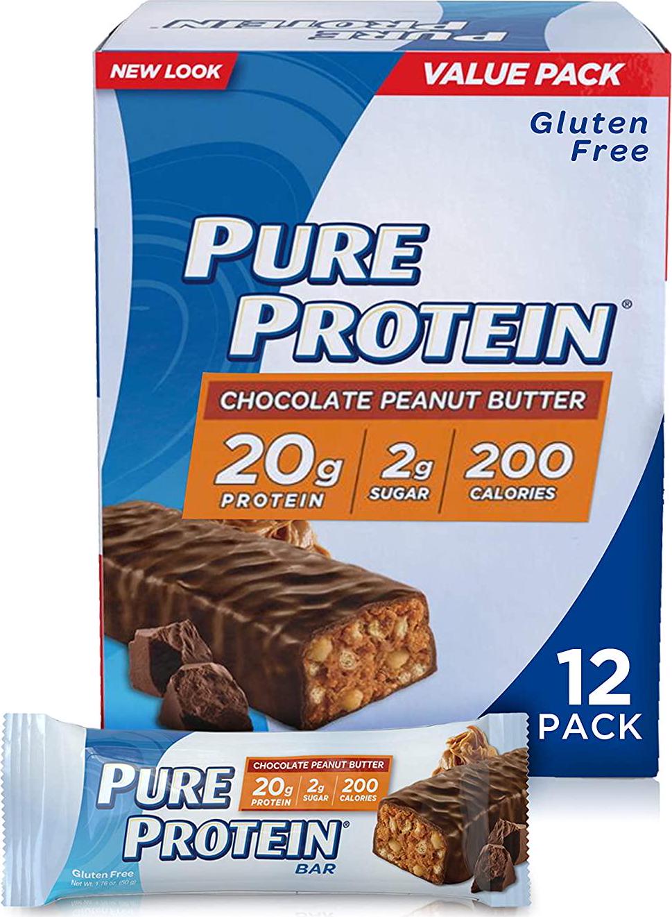 Pure Protein Bars, High Protein, Nutritious Snacks to Support Energy, Low Sugar, Gluten Free, Chocolate Peanut Butter, 1.76oz, 12 Pack