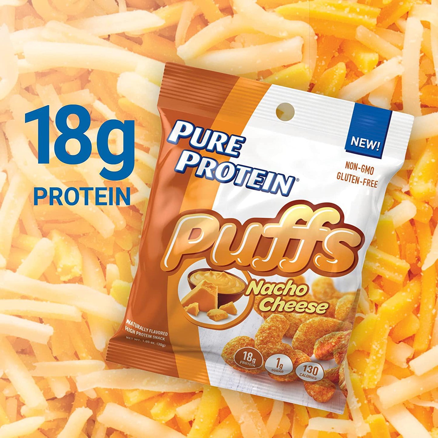 Pure Protein Puffs, Nacho Cheese, High Protein Snack,18G Protein, 1.05oz, 12 Count