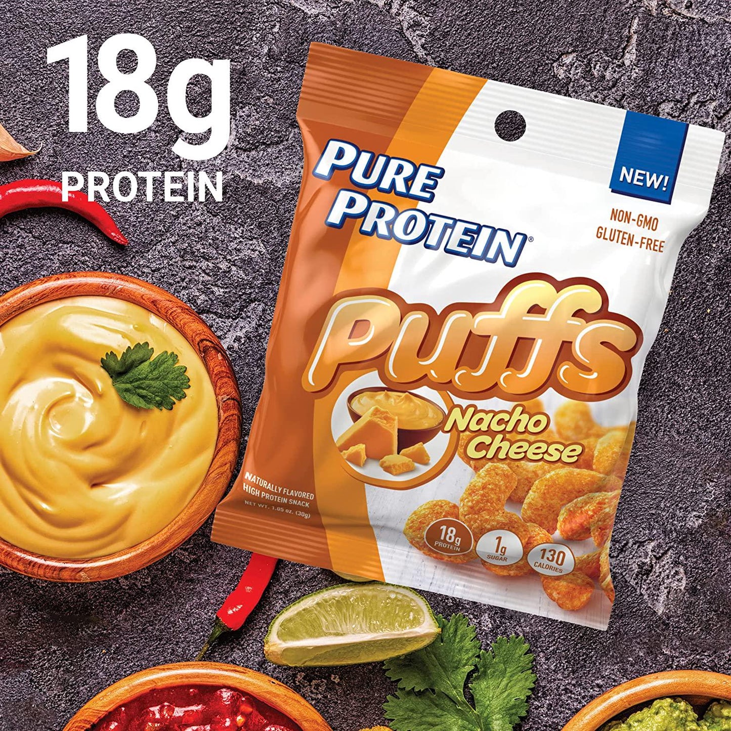 Pure Protein Puffs, Nacho Cheese, High Protein Snack,18G Protein, 1.05oz, 12 Count