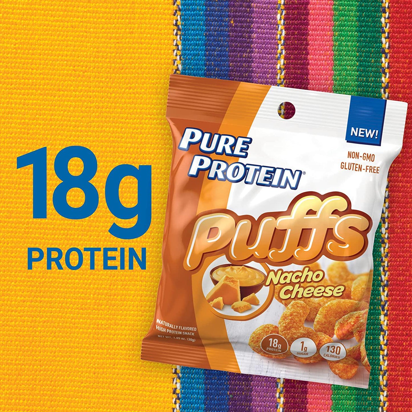 Pure Protein Puffs, Nacho Cheese, High Protein Snack,18G Protein, 1.05oz, 12 Count