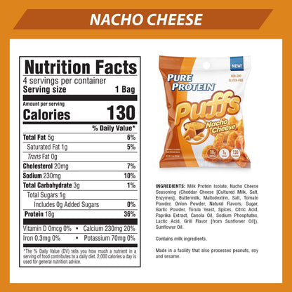 Pure Protein Puffs, Nacho Cheese, High Protein Snack,18G Protein, 1.05oz, 12 Count