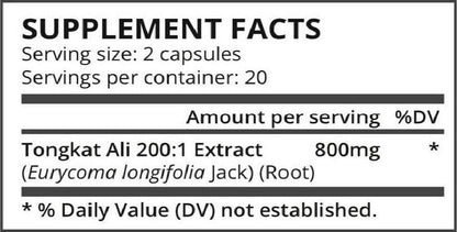 Pure Science SD-200 Tongkat Ali Extract - 200:1 Extract Plus 2% Eurycomanone - 60 Vegetarian Capsules