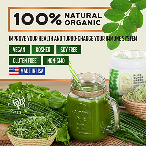 Pure Super Greens Powder Green Juice Powder with 7 Super Greens to Boost Energy, Digestion, pH Balance, Detox Natural, Healthy Superfood Powder Drink Mix by Bright Horizon Health, 8oz