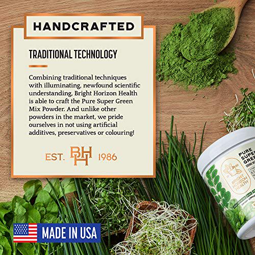 Pure Super Greens Powder Green Juice Powder with 7 Super Greens to Boost Energy, Digestion, pH Balance, Detox Natural, Healthy Superfood Powder Drink Mix by Bright Horizon Health, 8oz