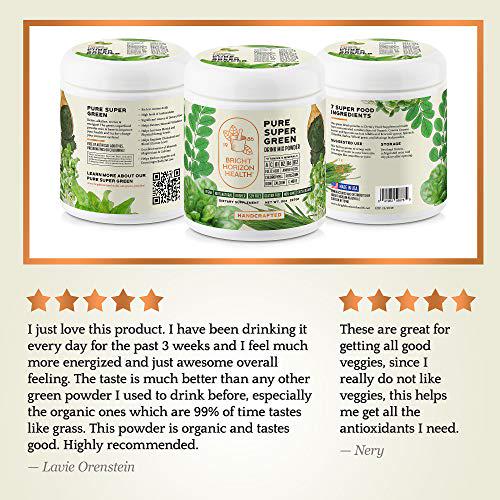 Pure Super Greens Powder Green Juice Powder with 7 Super Greens to Boost Energy, Digestion, pH Balance, Detox Natural, Healthy Superfood Powder Drink Mix by Bright Horizon Health, 8oz