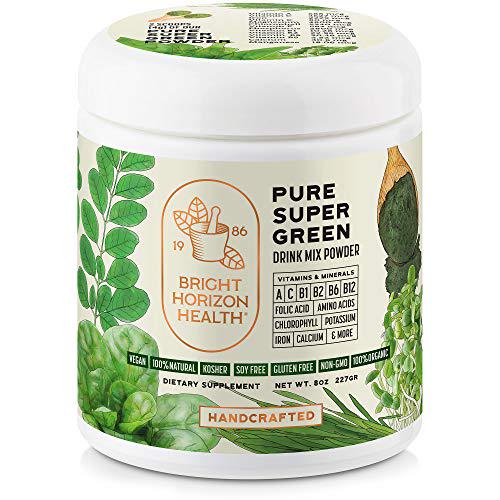 Pure Super Greens Powder Green Juice Powder with 7 Super Greens to Boost Energy, Digestion, pH Balance, Detox Natural, Healthy Superfood Powder Drink Mix by Bright Horizon Health, 8oz