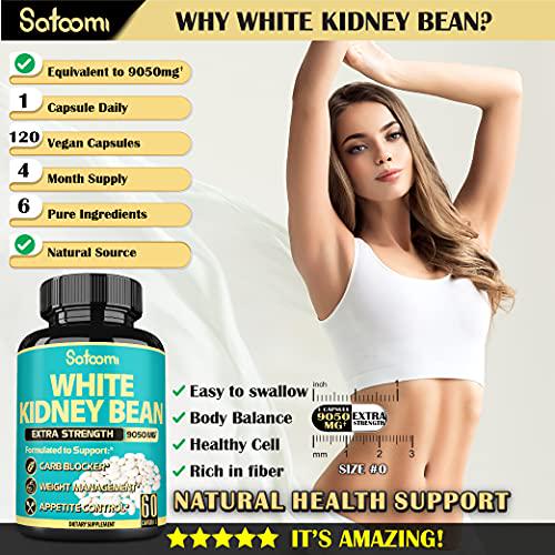 Pure White Kidney Bean Capsules -4 Month Supply- Equivalent to 9050mg of 6 Herbs - Support Carbs Management, Body Building and Starch Blocking- 120 Count
