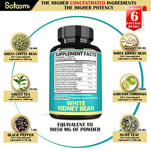 Pure White Kidney Bean Capsules -4 Month Supply- Equivalent to 9050mg of 6 Herbs - Support Carbs Management, Body Building and Starch Blocking- 120 Count