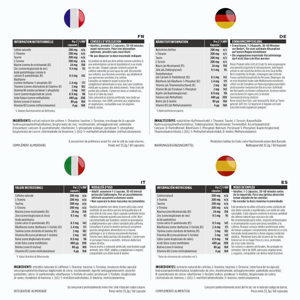 Pure and Essential Focus - Brain Booster Supplement with Caffeine, L-Theanine, Taurine and L-Tyrosine, + B-Vitamins, Zinc and Copper, Enhance Cognitive Function and Mental Energy - 60 caps