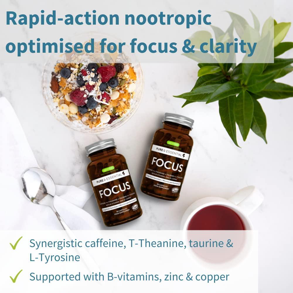 Pure and Essential Focus - Brain Booster Supplement with Caffeine, L-Theanine, Taurine and L-Tyrosine, + B-Vitamins, Zinc and Copper, Enhance Cognitive Function and Mental Energy - 60 caps