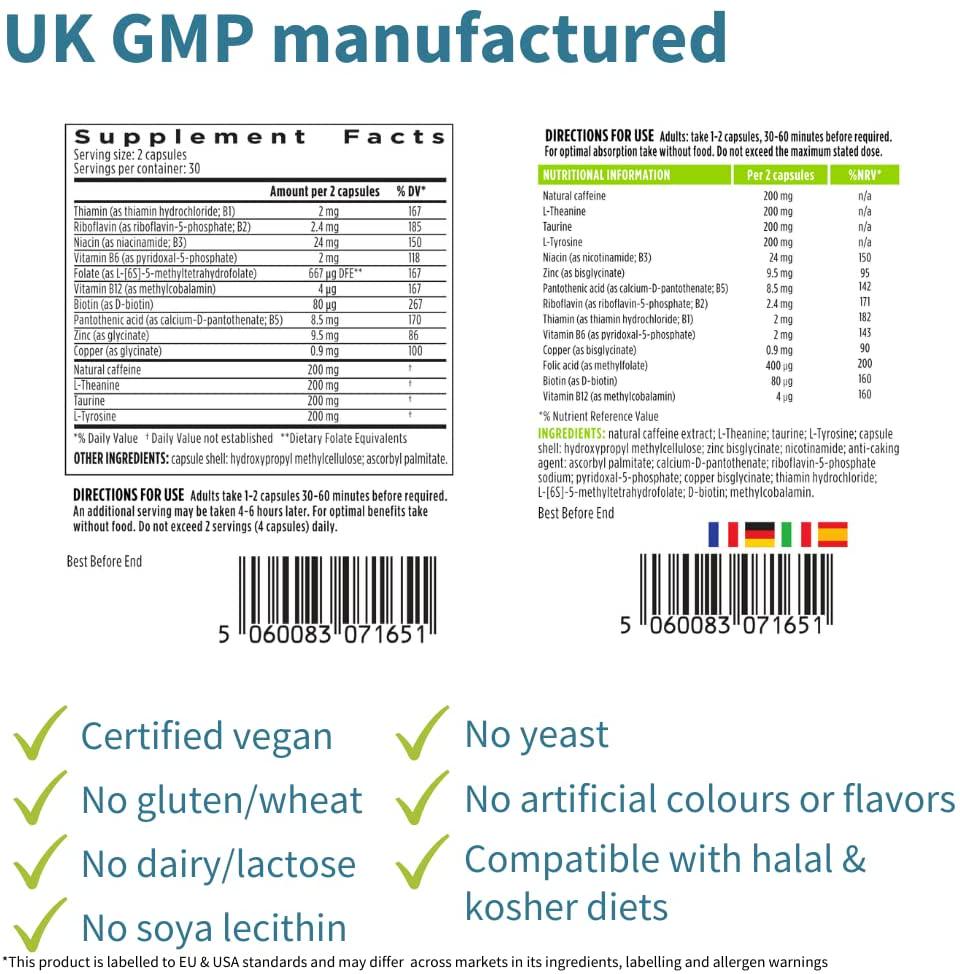 Pure and Essential Focus - Brain Booster Supplement with Caffeine, L-Theanine, Taurine and L-Tyrosine, + B-Vitamins, Zinc and Copper, Enhance Cognitive Function and Mental Energy - 60 caps