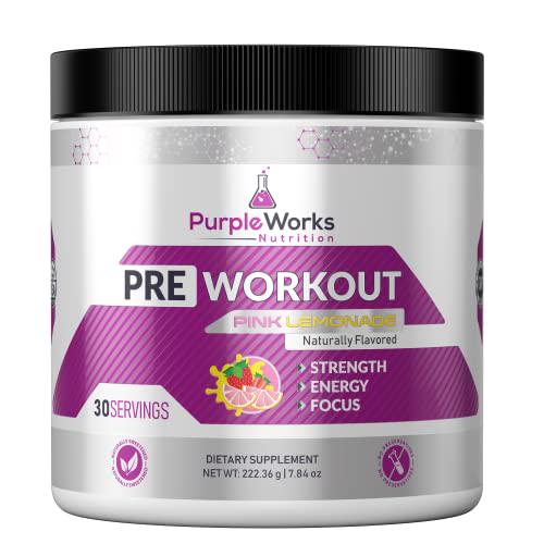 PurpleWorks Pre-Workout, Pre-Workout for Men and Women, Made in USA, Vitamin D for Muscle and Immune Health, Creatine and Beta-Alanine for Strength, Caffeine and B Vitamins for Energy and Focus, Pink Lemonade