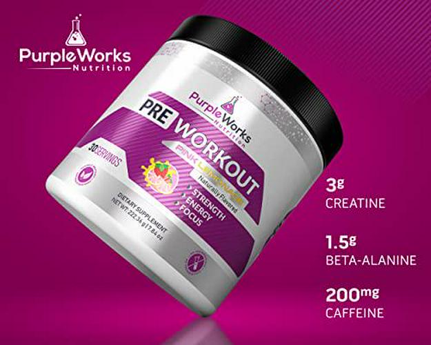 PurpleWorks Pre-Workout, Pre-Workout for Men and Women, Made in USA, Vitamin D for Muscle and Immune Health, Creatine and Beta-Alanine for Strength, Caffeine and B Vitamins for Energy and Focus, Pink Lemonade