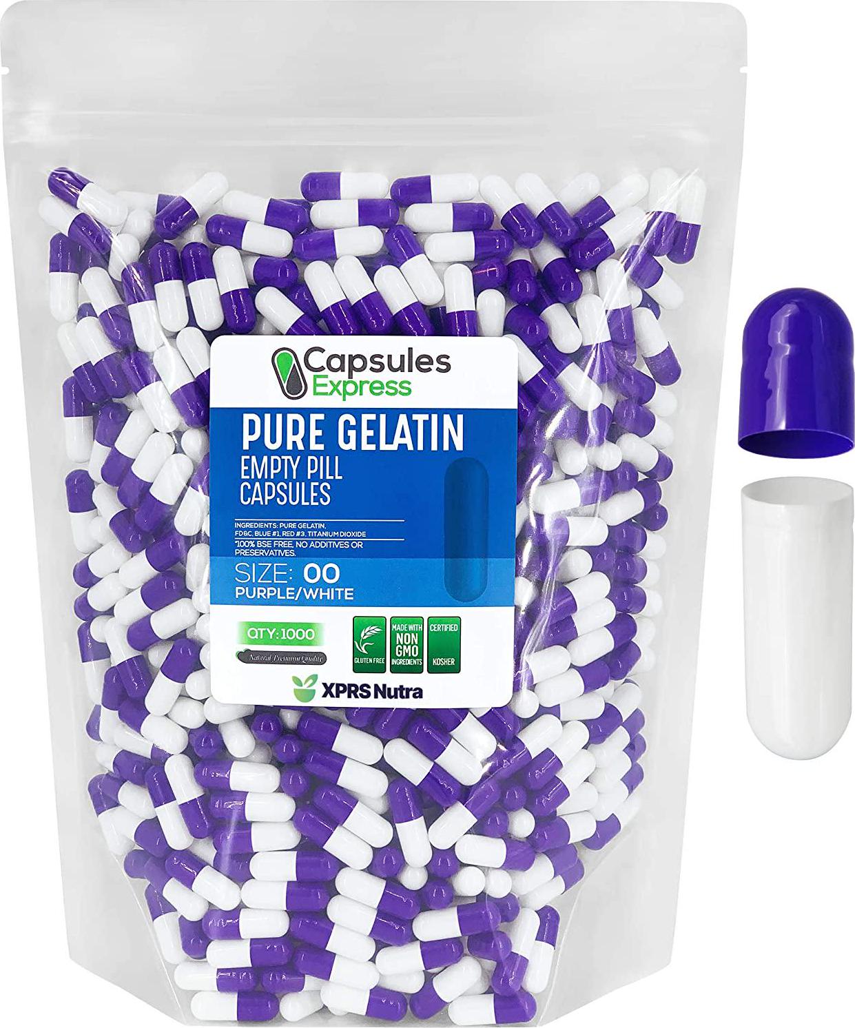 Purple and White Size 00 Empty Gelatin Gelcaps Capsules - Halal and Kosher Certified by Capsules Express (1000)