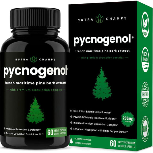 Pycnogenol Pine Bark - Premium Supplement with 200mg Herbal Complex for Circulation, Blood Flow and Nitric Oxide Production - Superior Absorption and Results with Black Pepper Extract