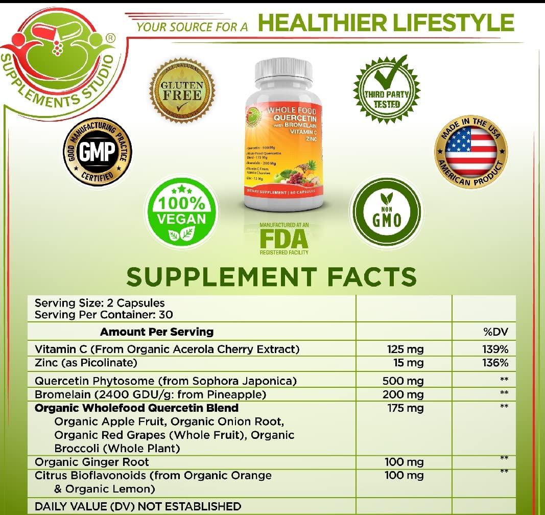 Quercetin 500mg - Quercetin with Bromelain - Zinc Quercetin and Vitamin C Supplement - Organic Wholefoods Blend with Ginger and Flavonoids - Immune and Respiratory System Support - 1 Month Supply