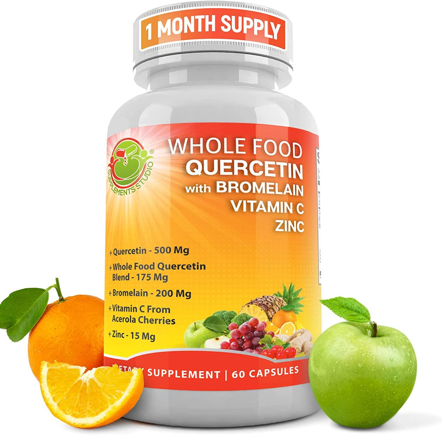 Quercetin 500mg - Quercetin with Bromelain - Zinc Quercetin and Vitamin C Supplement - Organic Wholefoods Blend with Ginger and Flavonoids - Immune and Respiratory System Support - 1 Month Supply