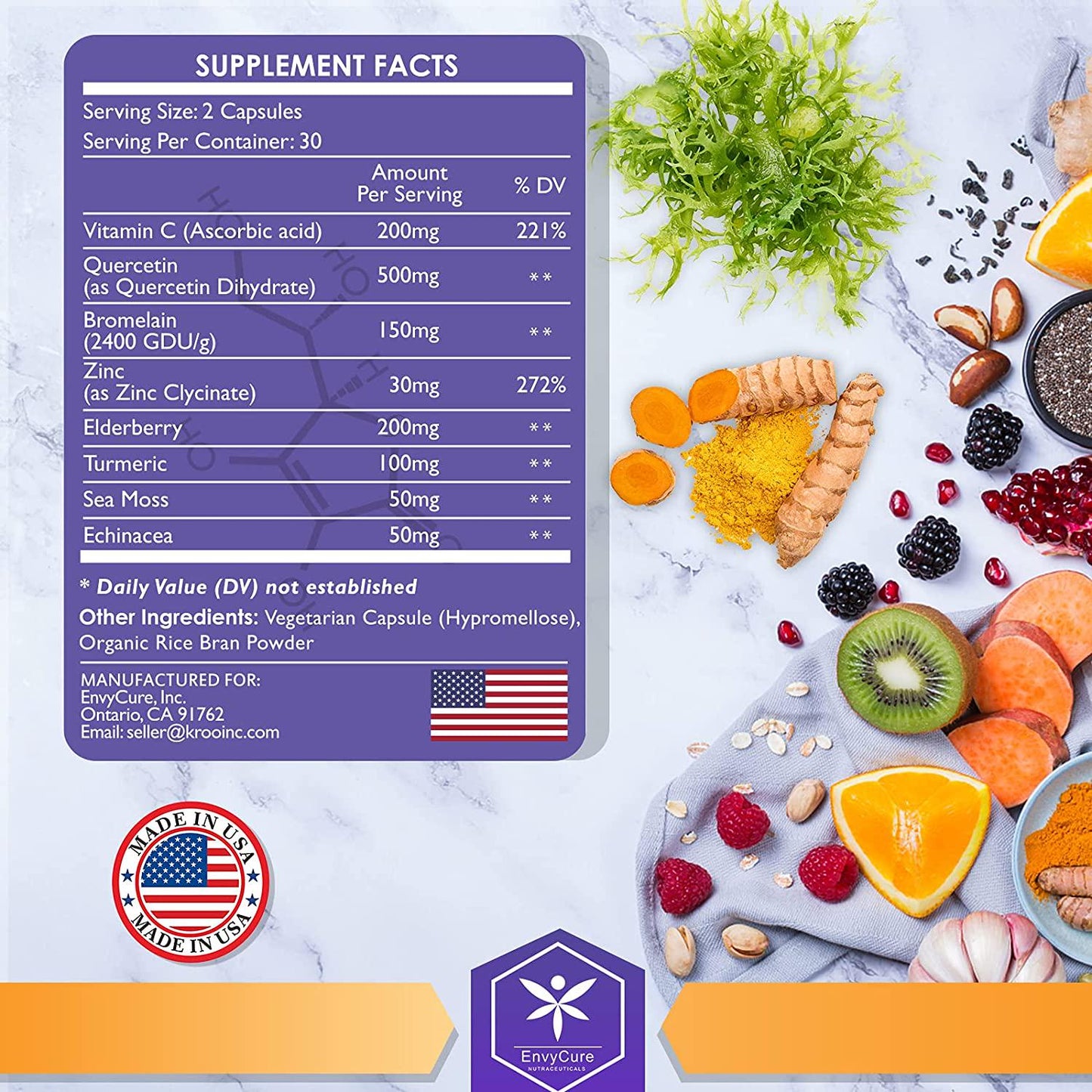 Quercetin 500mg and Bromelain Supplement - with Elderberry, Turmeric, Sea Moss, Echinacea Exctract Capsules to Support Cardiovascular Health, Anti-inflammatory, Immune System - 120 Veggie Capsules