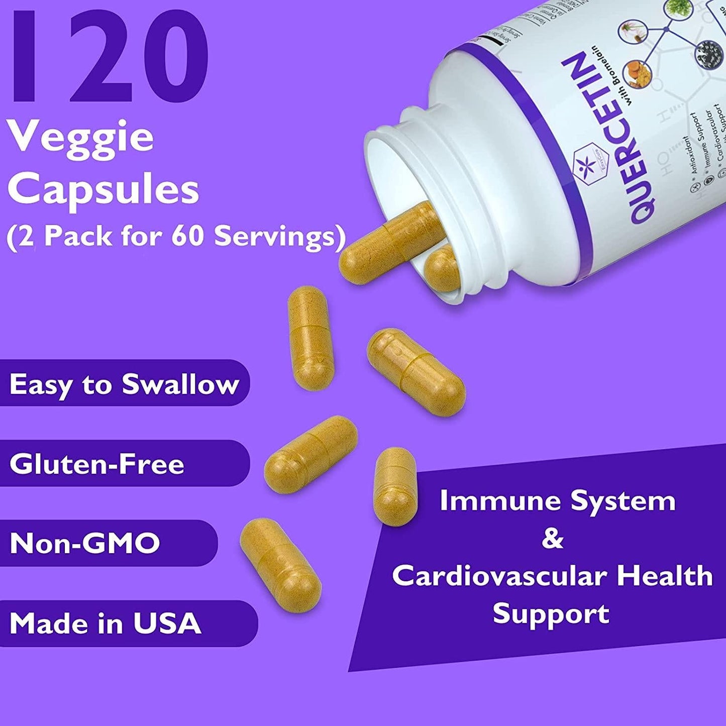 Quercetin 500mg and Bromelain Supplement - with Elderberry, Turmeric, Sea Moss, Echinacea Exctract Capsules to Support Cardiovascular Health, Anti-inflammatory, Immune System - 120 Veggie Capsules