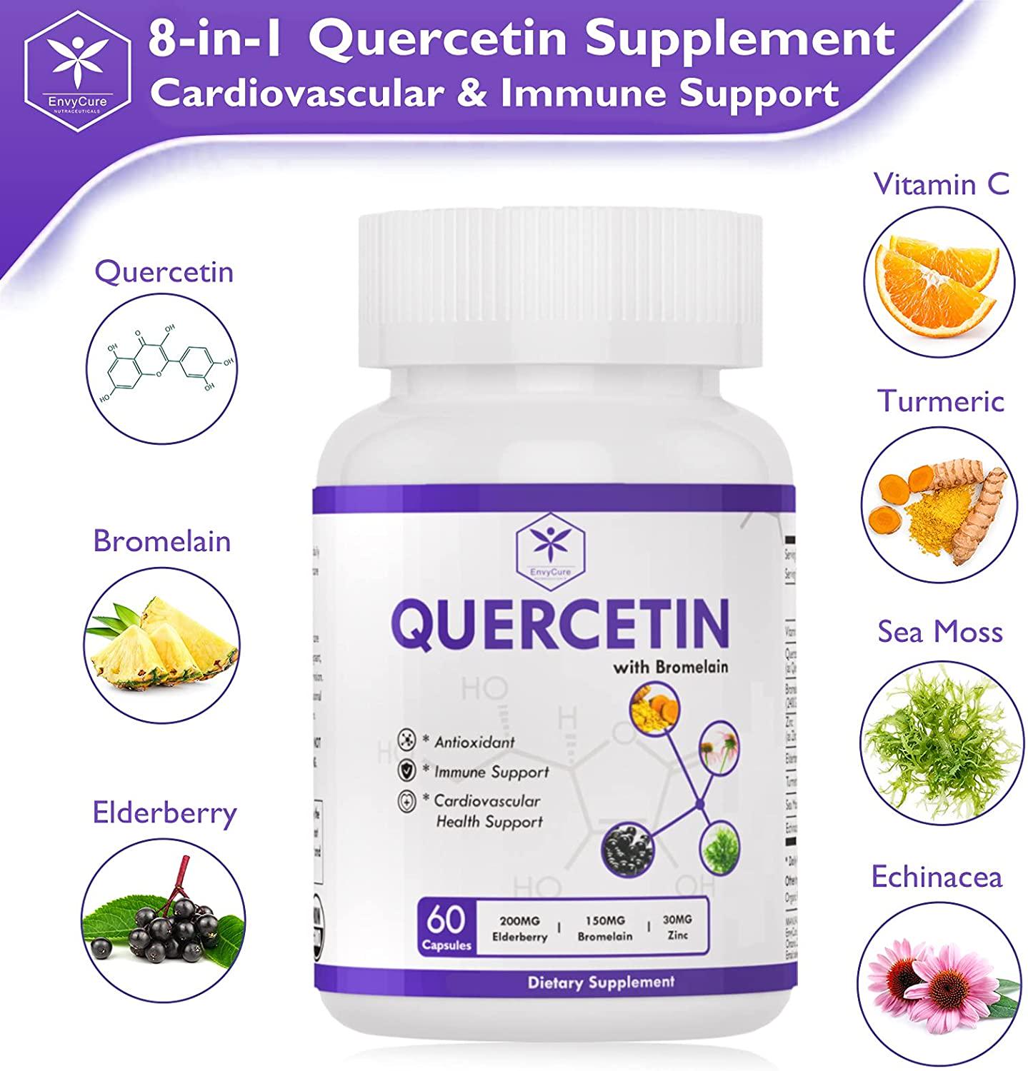 Quercetin 500mg and Bromelain Supplement - with Elderberry, Turmeric, Sea Moss, Echinacea Exctract Capsules to Support Cardiovascular Health, Anti-inflammatory, Immune System - 120 Veggie Capsules