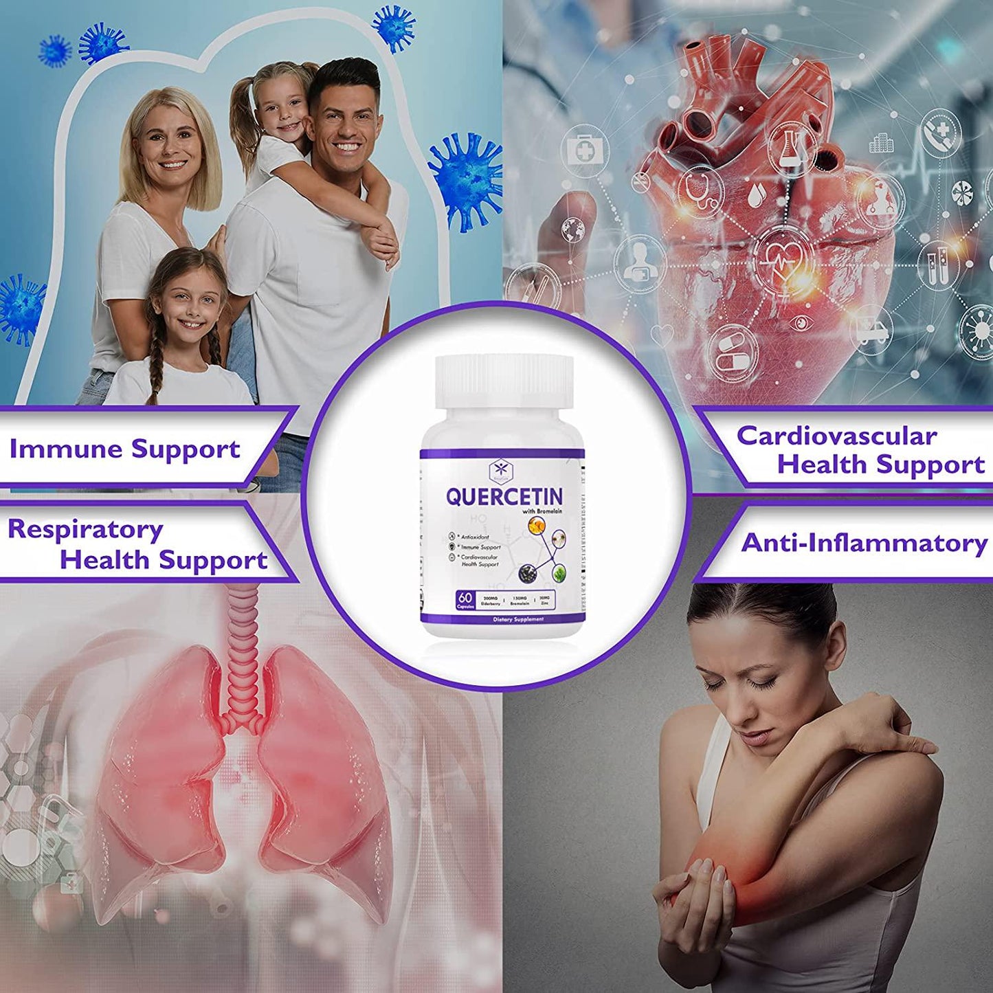 Quercetin 500mg and Bromelain Supplement - with Elderberry, Turmeric, Sea Moss, Echinacea Exctract Capsules to Support Cardiovascular Health, Anti-inflammatory, Immune System - 120 Veggie Capsules