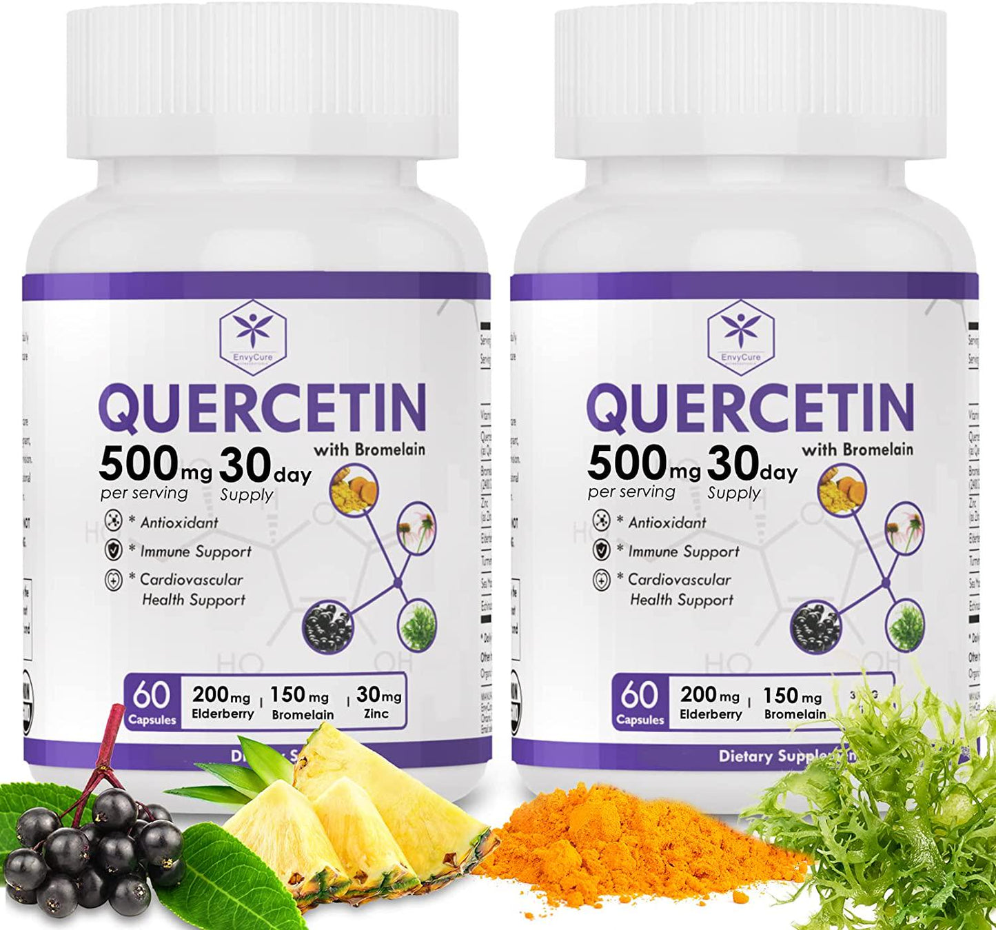 Quercetin 500mg and Bromelain Supplement - with Elderberry, Turmeric, Sea Moss, Echinacea Exctract Capsules to Support Cardiovascular Health, Anti-inflammatory, Immune System - 120 Veggie Capsules