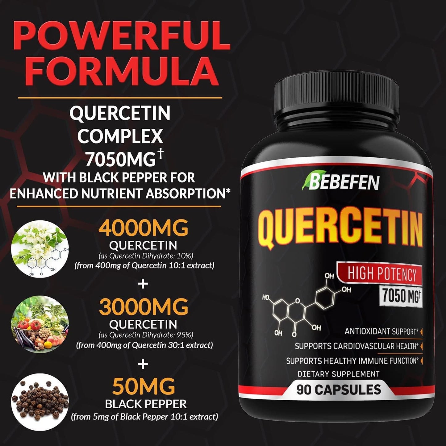 Quercetin Capsules - 7050mg Formula Pills with Black Pepper Extract - 90 Capsules Quercetin Pills for Supports Immune Health and Cardiovascular Health - 3 Month Supply