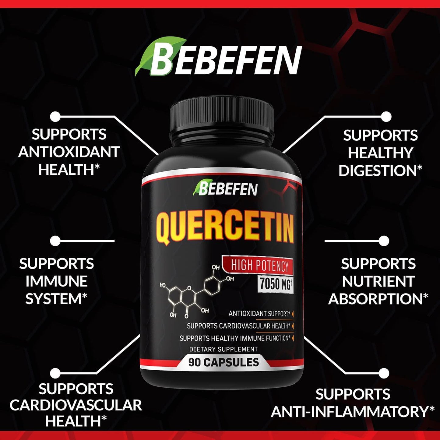 Quercetin Capsules - 7050mg Formula Pills with Black Pepper Extract - 90 Capsules Quercetin Pills for Supports Immune Health and Cardiovascular Health - 3 Month Supply