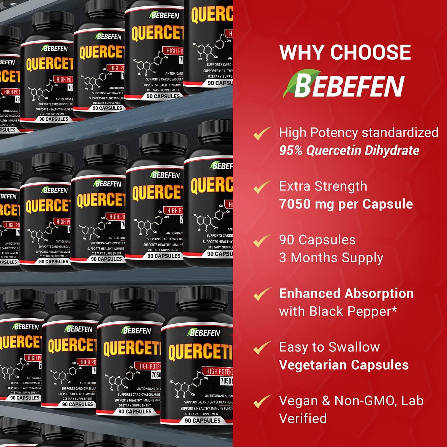 Quercetin Capsules - 7050mg Formula Pills with Black Pepper Extract - 90 Capsules Quercetin Pills for Supports Immune Health and Cardiovascular Health - 3 Month Supply