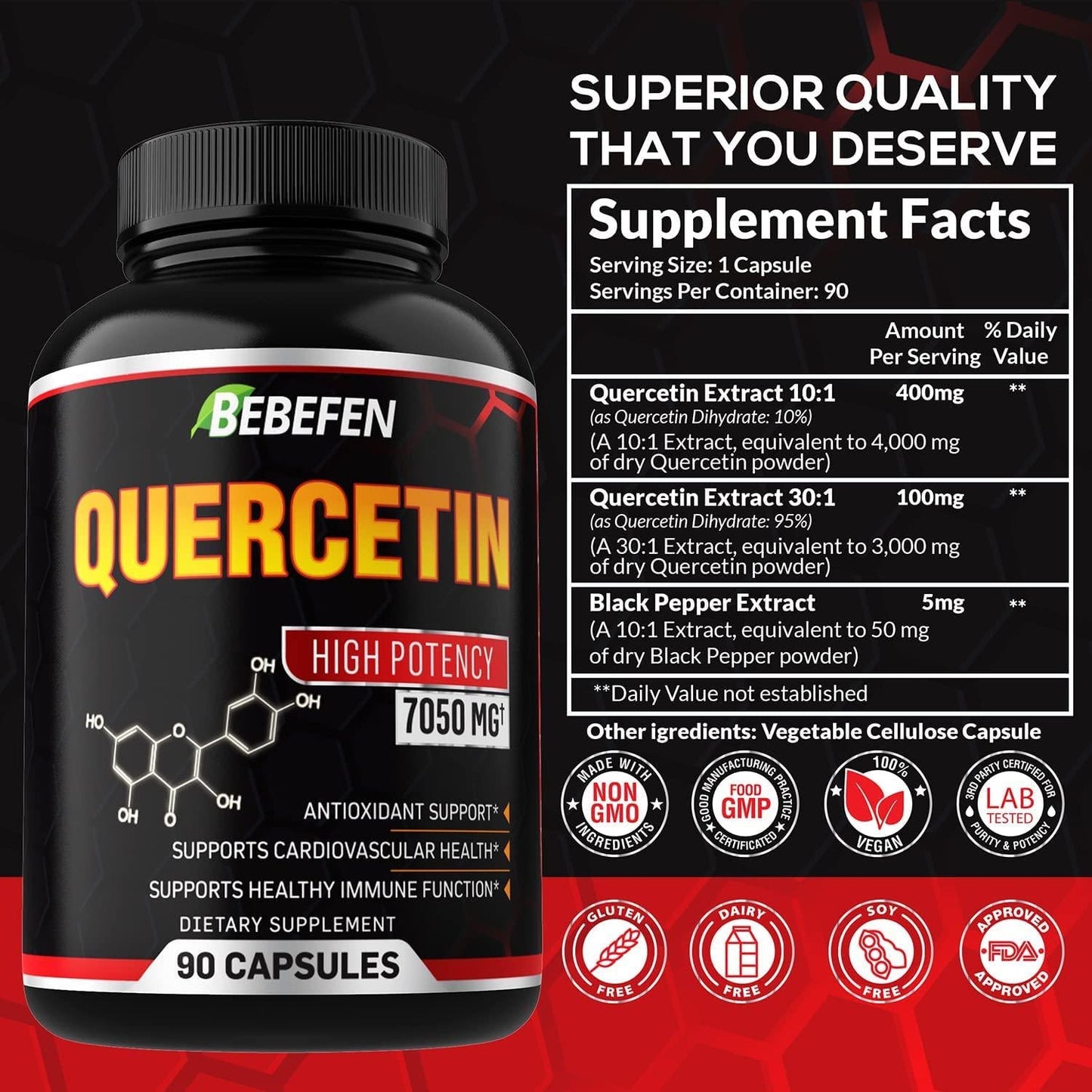 Quercetin Capsules - 7050mg Formula Pills with Black Pepper Extract - 90 Capsules Quercetin Pills for Supports Immune Health and Cardiovascular Health - 3 Month Supply