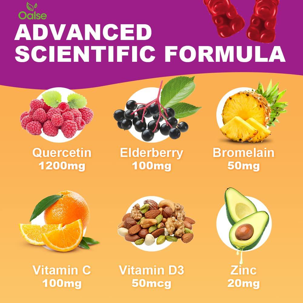 Quercetin Gummies by Oalse - Quercetin with Bromelain Vitamin C and Zinc and Elderberry + Vitamin D3 - 5 in 1 Immune Support - Zinc Quercetin 750 mg for Kids and Adults (120 Count ( Pack of 2))