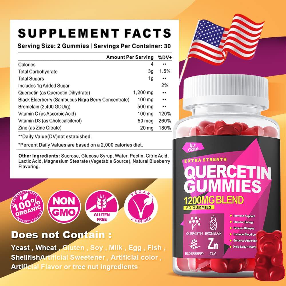 Quercetin Gummies by Oalse - Quercetin with Bromelain Vitamin C and Zinc and Elderberry + Vitamin D3 - 5 in 1 Immune Support - Zinc Quercetin 750 mg for Kids and Adults (120 Count ( Pack of 2))