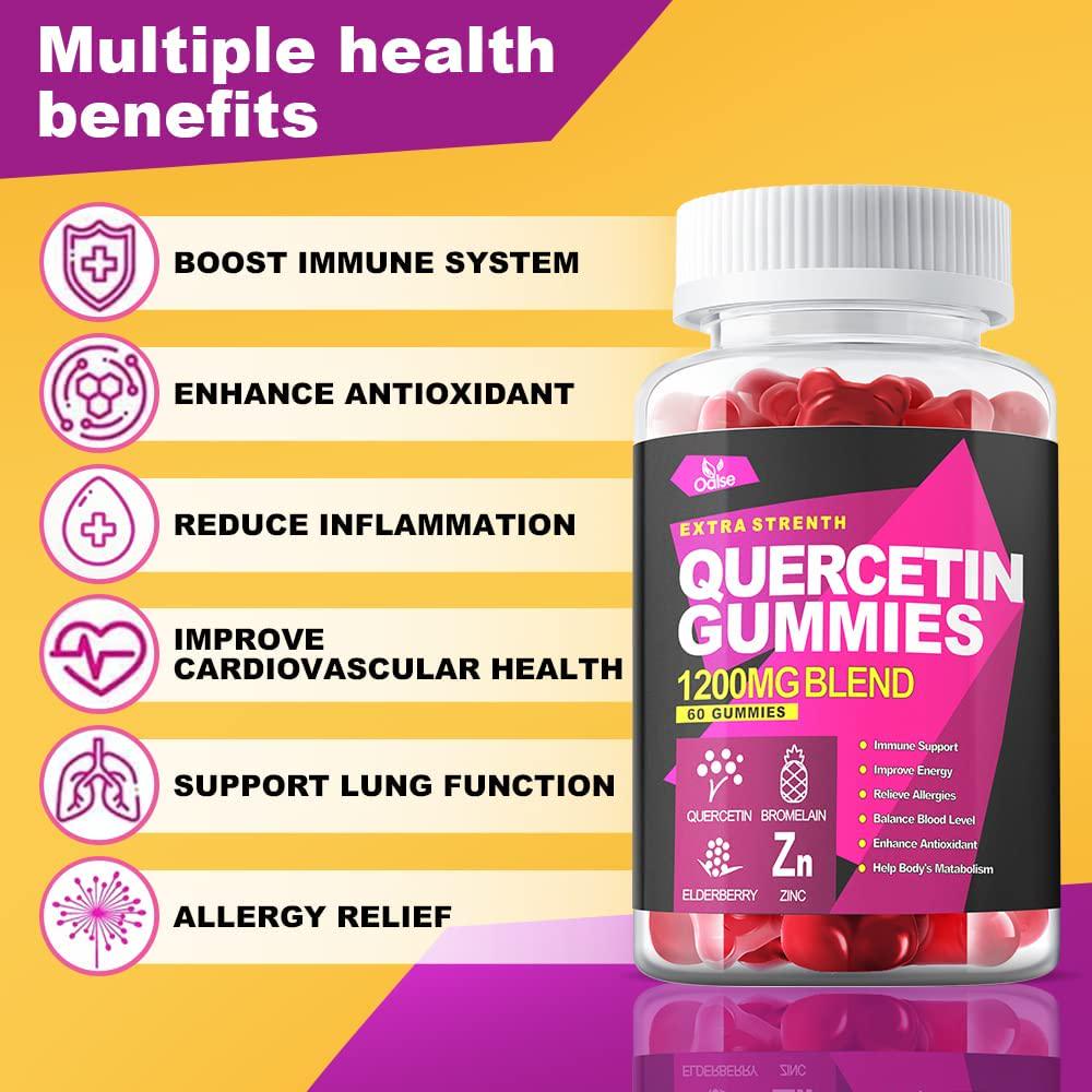 Quercetin Gummies by Oalse - Quercetin with Bromelain Vitamin C and Zinc and Elderberry + Vitamin D3 - 5 in 1 Immune Support - Zinc Quercetin 750 mg for Kids and Adults (120 Count ( Pack of 2))