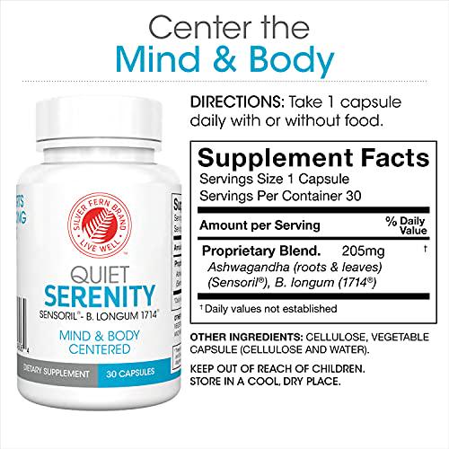 Quiet Serenity Stress and Sleep Aid Supplement - 1 Bottle = 30 Capsules - Cortisol Management*, Promotes Mood and Focus* - Helps Lower Stress* - with Ashwagandha and Probiotic B. Longum 1714 (1 Bottle)