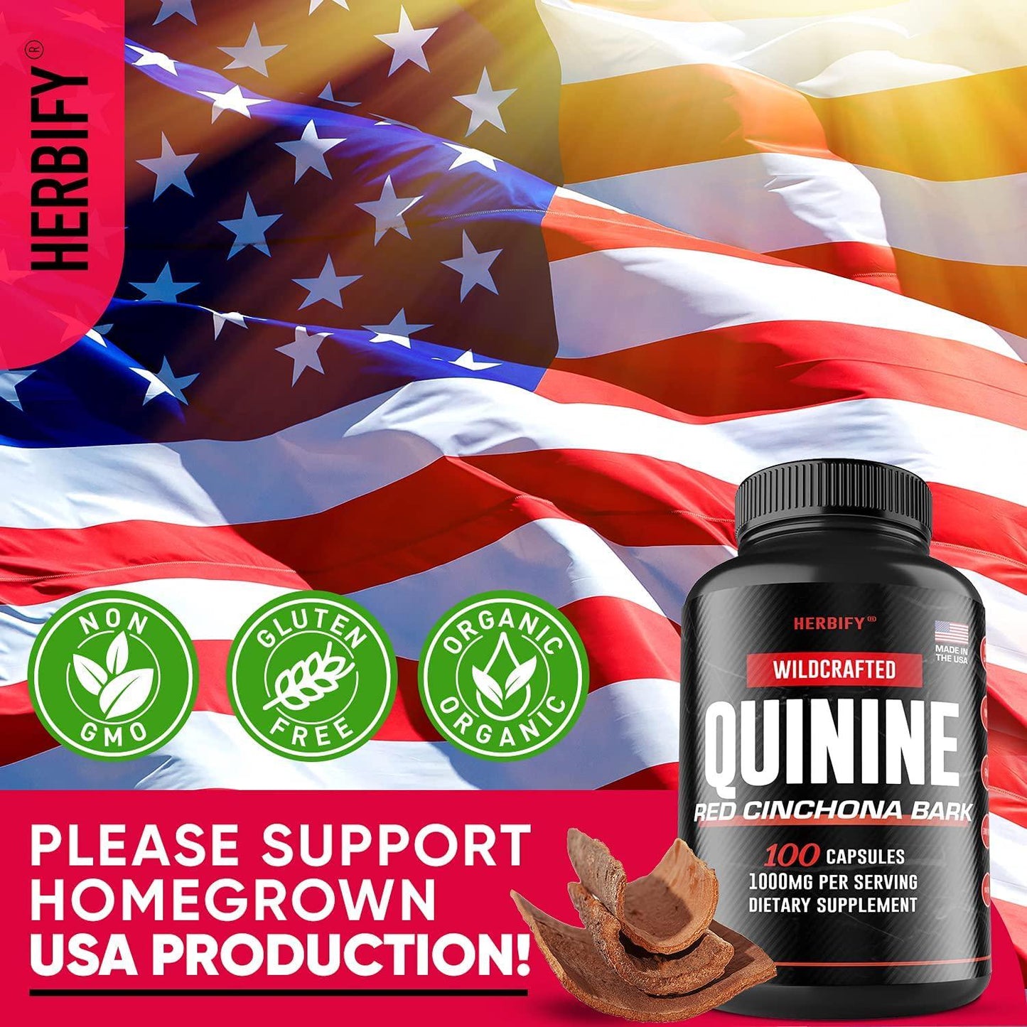 Quinine Pills 1000 mg, Red Cinchona Bark (Cinchona succirubra), Peruvian Bark (Cinchona officinalis) Powerful Combination, Herbal Supplement, 100 Capsules