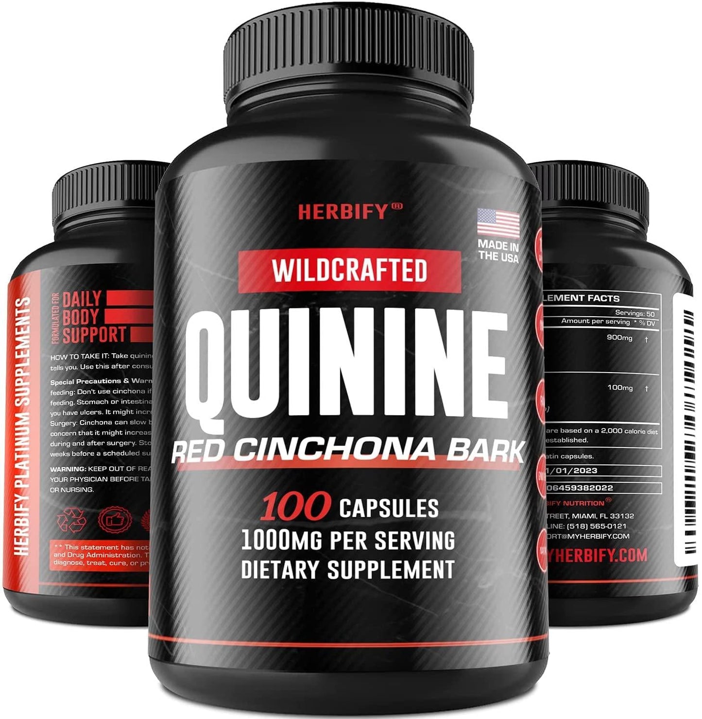 Quinine Pills 1000 mg, Red Cinchona Bark (Cinchona succirubra), Peruvian Bark (Cinchona officinalis) Powerful Combination, Herbal Supplement, 100 Capsules