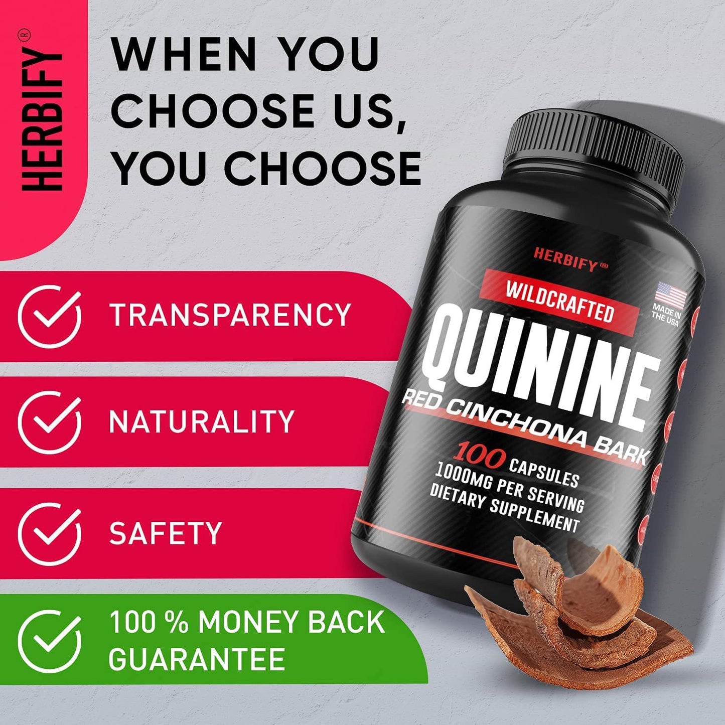 Quinine Pills 1000 mg, Red Cinchona Bark (Cinchona succirubra), Peruvian Bark (Cinchona officinalis) Powerful Combination, Herbal Supplement, 100 Capsules