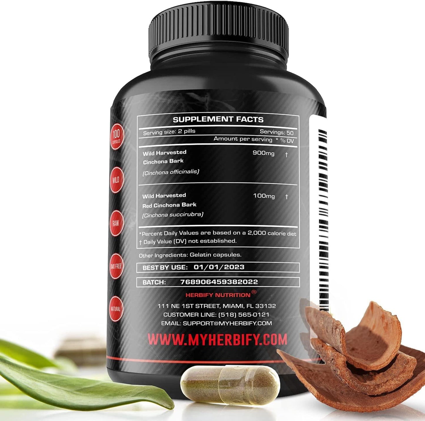 Quinine Pills 1000mg, Red Cinchona Bark (Cinchona succirubra) and Peruvian Bark (Cinchona officinalis) Powerful Combination, Wild Harvested Herbal Supplement, 100 Capsules (200)