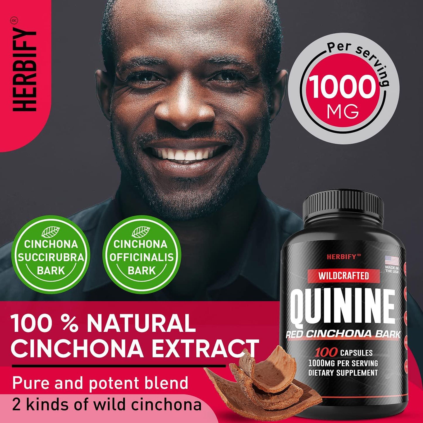 Quinine Pills 1000mg, Red Cinchona Bark (Cinchona succirubra) and Peruvian Bark (Cinchona officinalis) Powerful Combination, Wild Harvested Herbal Supplement, 100 Capsules (200)