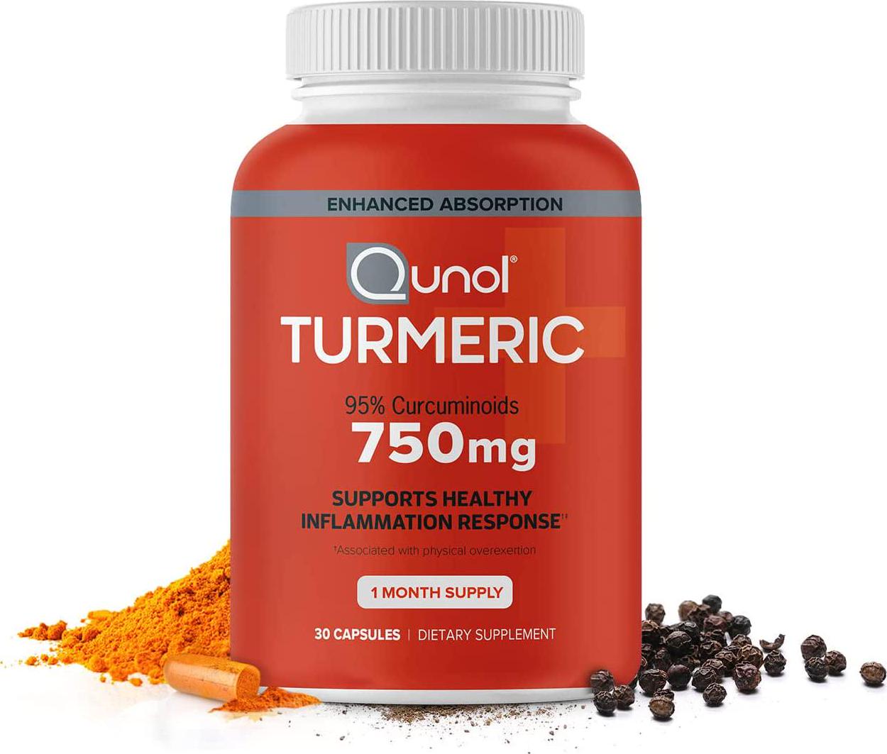 Qunol Turmeric Curcumin 750mg, Black Pepper Extract for Enhanced Absorption, Supports Healthy Inflammation Response and Joint Health, Dietary Supplement, Vegetarian Formula, 30 Capsules