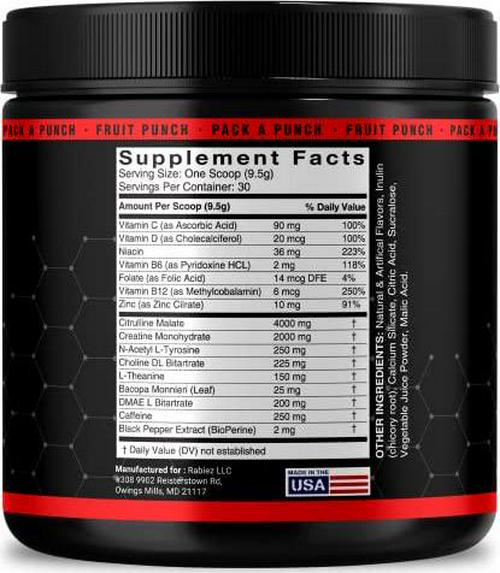 RABIEZ Pre Workout | Clean Energy | Powerful Pump | Focus | Fruit Punch | 30 Servings | No Itch and No Crash | Pre-Workout Powder for Men and Women | Vitamins, Caffeine, Citrulline, L-Theanine, Zinc