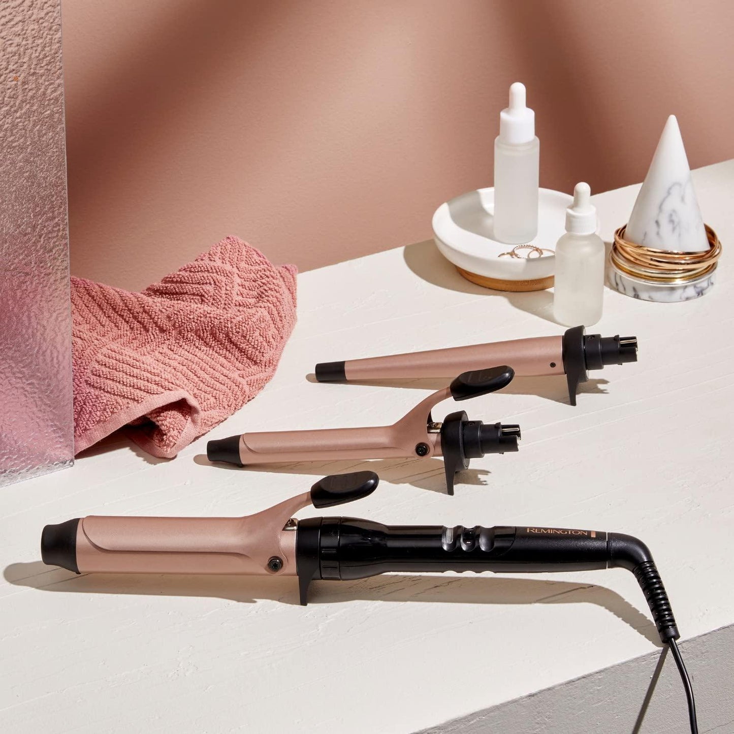 REMINGTON 3 in 1 Multistyler Curl and Wave, CI97MS3AU, Curling Wand With 3 Interchangeable Ceramic Barrels, Variable Heat Up To 220°C, Ionic Technology For Smooth and Shiny Hair, Rose Gold, Brown